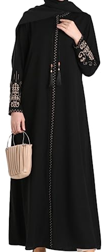 istanbul styles Abaya mit bestickten Ärmeln für Damen, langärmelig, bodenlang, türkisch-islamische Mode (DE/NL/SE/PL, Alphanumerisch, S, Regular, Regular, Schwarz)