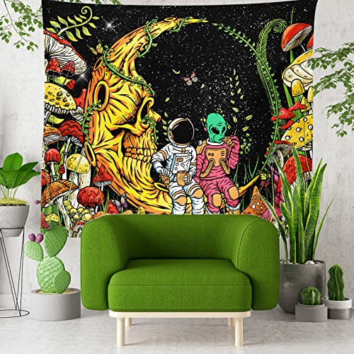 Banmowa Wandteppich für Schlafzimmer, ästhetische Wandteppiche, Wandteppich mit Mond, Pilz-Wandteppich mit Blumenpflanze, Schwarzlicht-Schmetterlings-Wandteppich, Wandbehang für Männer, mit UV für