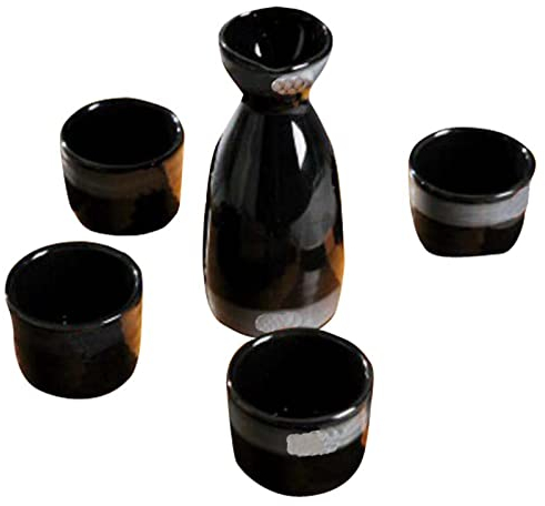 ZEALMAX 5er Set Home Restaurant Sake Becher Retro Keramik Weinkrug Weinsets für den Haushalt Schwarz