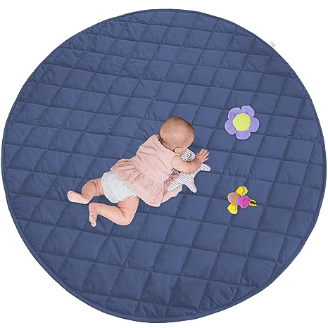 Baby Spieldecke Krabbeldecke für Baby 140 cm Rund Gesteppte Matte, Dicke 1,5 cm Baumwolle Spielmatte Kinder Baby Weiche Krabbelmatte zum Krabbeln und Spielen-Marineblau