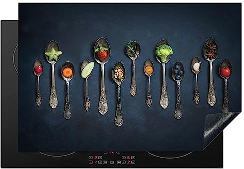 KitchenYeah© Herdabdeckplatte Einteilig Küche Ceranfeld Abdeckplatte Cerankochfeld Abdeckung Induktionskochfeld Schutzmatte Gewürze - Löffel - Silber - Gewürz - Industrial - 78x52 cm
