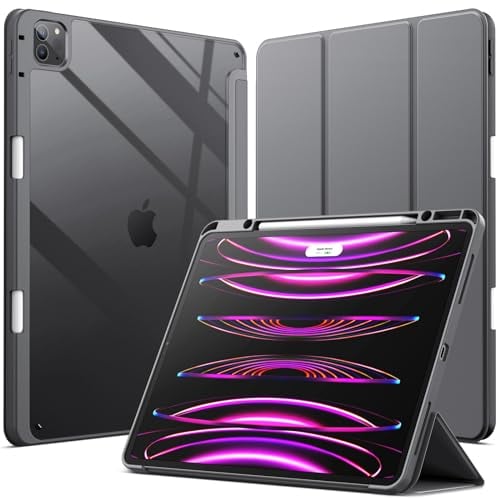 JETech Hülle für iPad Pro 12.9 Zoll (2022/2021/2020/2018) mit Stifthalter, Klare Transparente Rückseite Dünner Ständer Stoßfeste Tablet Schutzhülle (Space Grau)