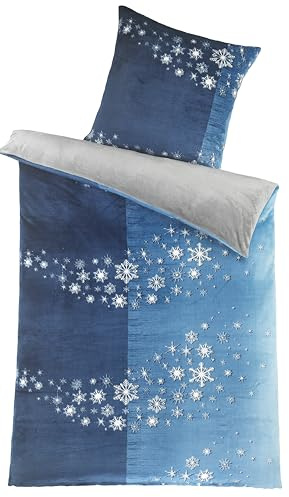 KH-Haushaltshandel Winter Bettwäsche Wende Teddy Flausch Plüsch 135x200+80x80cm grau mit blau und Sterne