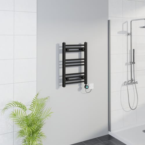 Warmehaus Smart WiFi Thermostatic Electric Bathroom Straight Heated Towel Rail Warmer Radiator with Timer 600x400mm - Black