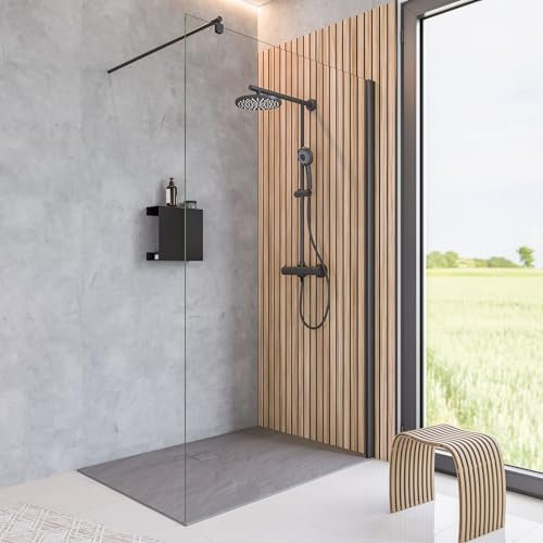 Schulte paroi de douche fixe à l’italienne 100 x 200 cm, barre 122 cm incluse, profilé noir, verre de sécurité 6 mm transparent, montage gauche droite, plage de réglage 98.0-100.5