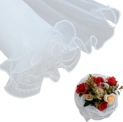 4.37 Yard Flower Wrapping Mesh Yarn,Pearl Edge Bouquet Floral Packaging Paper,DIY White Wrinkled Wavy Net Yarn,Flower Gift Packaging Paper Bouquet Floral Wrapping Mesh for Wedding,Birthday (White)