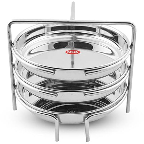 PANCA Stainless Steel Dhokla Maker, Thatte Idli Maker, 3 Big Plates 16 cm Set With Stand, Fits All Cookers