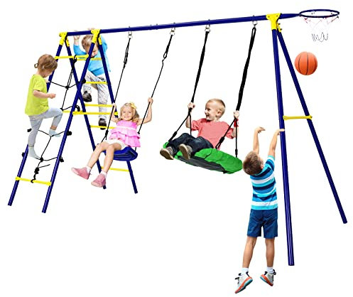 KOMFOTTEU Kinderschaukel Set, 5 in 1 Spielgerüst mit 2 Schaukeln, Kletterleiter Kletternetz & Basketballkorb, Schaukelgerüst Gartenschaukel mit Gestell, Doppelschaukel für Kinder Outdoor