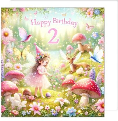 Edition Seidel Premium quadratische Glückwunschkarte zum 2. Geburtstag mit Umschlag. Geburtstagskarte mit Spruch Happy Birthday Billet Karte für Mädchen Junge Kind Fee Märchen (GQ257 SW024)