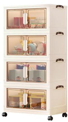 Ergocar Storage Box, Magnetic double opening door large -capacity locker，Transparent Stacking Plastic Storage Boxes with Pulley, for Bedroom, Living Room, Office and Kitchen