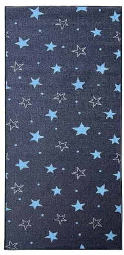 KARAT Teppichläufer Dots&Stars - 80 x 100 cm - Kinderteppich für Jungen und Mädchen - Spielteppich, Teppich für Kinderzimmer, Wohnzimmer, Schlafzimmer (Navy Stars)