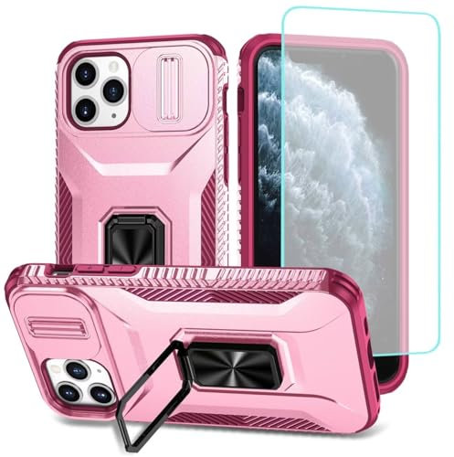 Wanyuexes Coque pour iPhone 11 Pro avec Verre Trempé, Cache Caméra Coulissant et Anneau Rotatif pour Support Voiture Cover pour iPhone 11 Pro Prune
