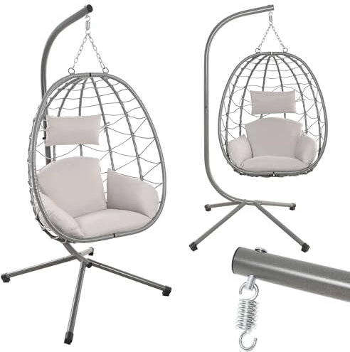 Makika Silla Colgante con Estructura de Acero Cojines para Interior y Exterior - Columpio de Jardín Ratán Cojín Grande Peso Altura Ajustable - Sala de Estar, Balcón, Terraza en Plata