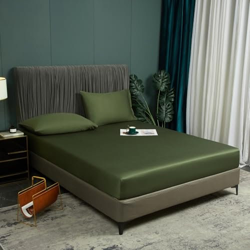 Bambus Spannbettlaken 140x200 cm Grün Olivgrün Antibakteriell Weich Spannbetttücher Kühlende 100% Bambus Spannbetttuch Set Hypoallerg Boxspringbett Bettlakenfür Hohe Matratze bis 25-30 cm