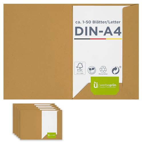 50 x Präsentationsmappe für A4 in braun, FSC® MIX 70%, sehr stabile Dokumentenmappe 320g/m² Karton mit Visitenkartenschlitz, passt in C4-Umschlag, Made in Germany, direkt vom Hersteller Werbegrün