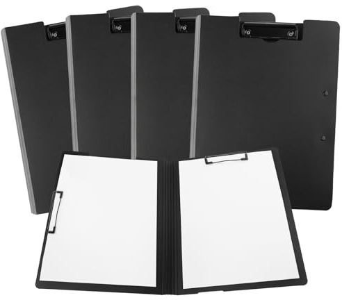 4 Stycken A4 Klämbräda med Lock - Svart Plast Klämmapp för Butik, Kontor och Skola - 2 Klämmor