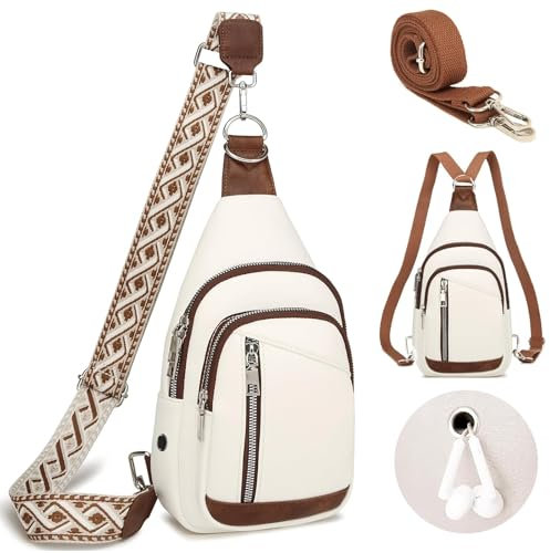 Brusttasche Damen, Sling Bag Damen Herren, PU Leder Crossbag, Anti Diebstahl Tasche, Rucksack Tasche 2 in 1 Damen, Sicherheitstasche Reise, Moderne Taschen mit Breitem Schultergurt(Weiß mit Braun)