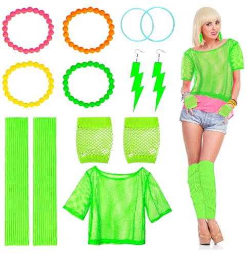 TPTGIAR 80s Fancy Dress for Women, 80s Accessories, 1980s Fancy Dress Women Set with T-shirt Earring Fishnet Gloves Bead Bracelet Silicone Bracelet Leg Warmers for Party