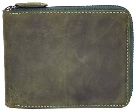 Mens Real Leather Hunter Zip Round Oiled Leather Wallet RFID Blocking HOL2207 Blue Brown Tan (Oil Green)