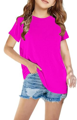 T-Shirts à Manches Courtes Fille Casual Loose Tee Tops Enfant Vêtements Col Rond Confortable Tshirt Hauts D'Été Mode Shirt Graphique Chemisiers Athlétique Camis Uni Débardeurs Rose Vif, 7 Ans