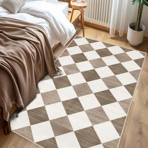 Chicnix Teppich Läufer Flur 80x150, Teppich Küche Waschbar Kurzflor rutschfest, Moderner Kariert Geometrisch Wohnzimmerteppich für Eingangsbereich Kinderzimmer Esszimmer Dekor, Braun Beige Weiß