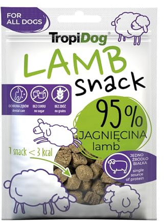 Friandise monoprotéinée 95% Agneau, sans céréales, idéale pour l’entraînement et la détente. Soutient l’hygiène buccale - TropiDog Snack Lamb 70g