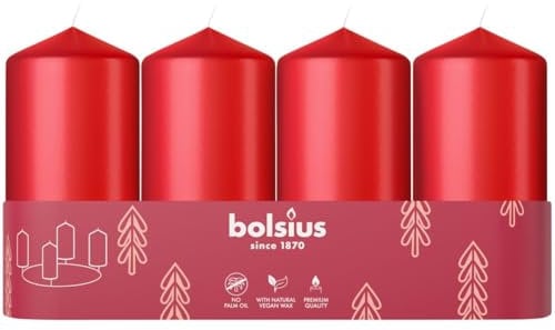 Bolsius - Adventszeit- Stumpenkerze - rot - 10cm - 4-Pack - Dekorative Kerze - Mit natürlichem Pflanzenwachs - Ohne Palmöl