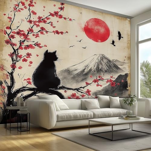 Generisch Fototapete Wand Japanische Kirschblüte, 3D Wandbilder 400x280, Berg SonneAsiatische Katze Vlies Tapeten für Poster Bilder Wand Deko Wohnzimmer, Schlafzimmer, Anpassbare Größe