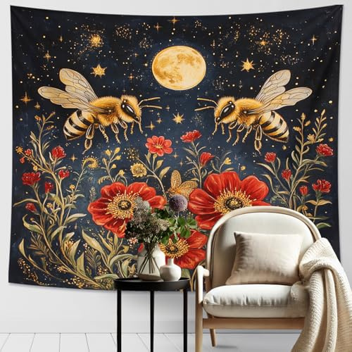 Wandteppich mit Bienen und Blumen, Mond, dunkelblau, von der Natur inspirierte Heimdekoration für Herbst, böhmisches Schlafzimmer, Wohnraum, 203 x 152 cm