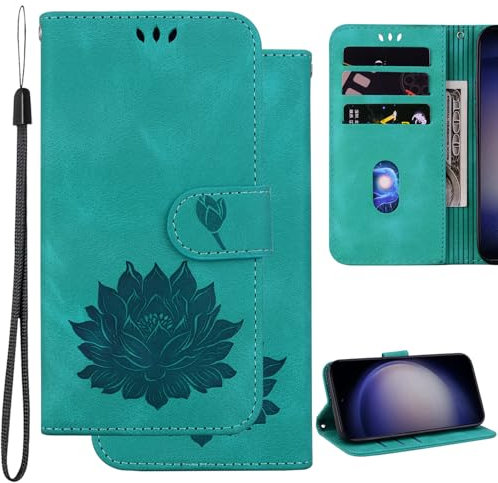Ammeer Coque pour LG V40 ThinQ, Relief Lotus Modèle Magnétique Flip Folio Cover Téléphone Housse Étui Wallet Portefeuille Case PU Cuir Supporter - Vert