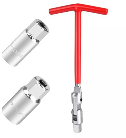 Crozgan T-Handle Spark Plug Socket Wrench Tool Set 16/21mm | Red steel spark plug removal tool spanner; universal professional kit for car repair and maintenance