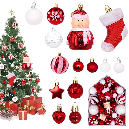 Weihnachtskugeln 72er Set - Christbaumkugeln, Leicht und Bunt, für Christbaumschmuck, Hochzeit, Party, Geburtstag, Weihnachtsbaumkugeln-rot und weiß，Weihnachtskugeln Plastik，Weihnachtskugel