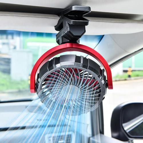 xuenair Rechargeable Clip On Fan for Car Visor Handles Seat (Red) | Portable Clip On Fan Battery Powered for Van RV SUV Pickup Truck Golf Cart Camping Desk Bed Stroller, Quiet 360 Rotation