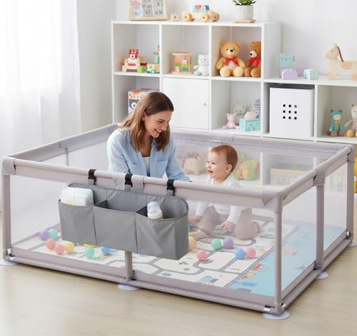 Truevaste 120x180cm Laufstall Baby mit Matratze, Atmungsaktiver Laufgitter aus 600D Oxford-Stoff mit 50 Bällen & 1 Aufbewahrungstasche mit 3 Fächern, Playpen für 2-3 Kinder für Innen- & Außenbereich