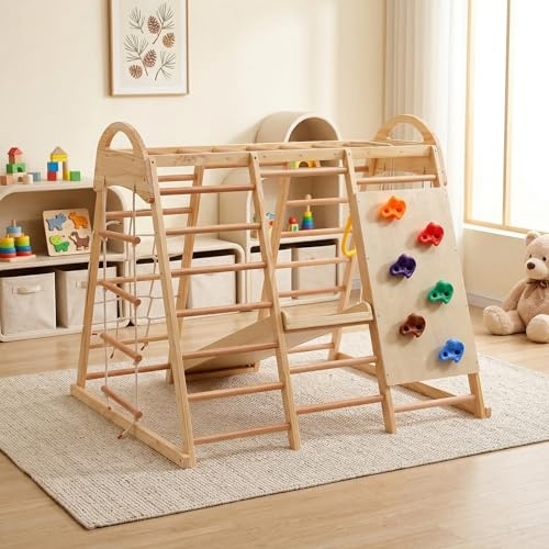 7 in 1 Klettergerüst Holz Kinder –Kletterdreieck mit Schaukel, Rutsche, Kletternetz, Kletterleiter, Ringen & Kletterwand,Massivholz Buche,Indoor Spielturm ab 3 Jahren,134x120x120cm,50kg Tragfähigkeit