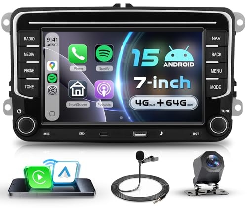 VECHTEL 4G+64G Autoradio Android 15 pour VW Golf 5 6 Passat Jetta Caddy EOS T5 Tiguan Touran CC Polo, 7'' IPS Écran Tactile avec Carplay Android Auto sans Fil GPS WiFi USB/Type-C Bluetooth RDS Caméra