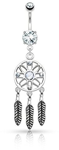 Autiga Bauchnabelpiercing Traumfänger Anhänger Federn Strass Zirkonia Kristall Dreamcatcher Silber-klar