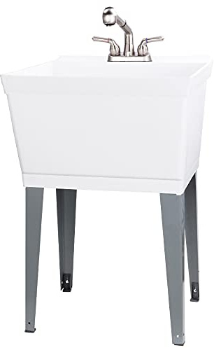 Utility Sink Laundry Tub With Pull Out Faucet, Sprayer Spout, Heavy Duty Slop Sinks For Washing Room, Basement, Garage or Shop, Large Free Standing Wash Station Tubs and (Stainless Steel)