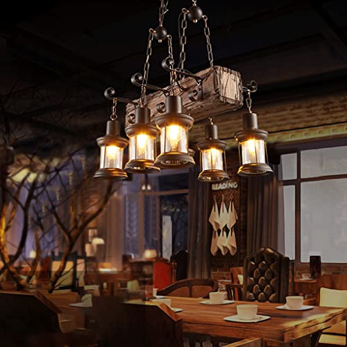 Retro Pendelleuchte Industrielle Loft Bar Hängeleuchte Kreativ Persönlichkeit Wohnzimmer aus Holz und Metall Pendellampe Höhenverstellbar Industrial H...