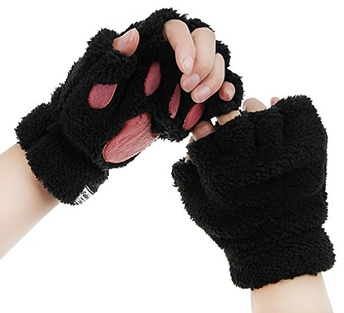 IPENNY Womens Girls Cat Paw Claw Gloves Winter Warm Plush Faux Fur Fingerless Mittens