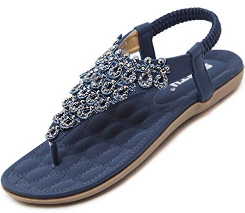 Acfoda Bohemian Sandalen Zehentrenner Damen Sommer Schuhe mit Weich Fußbett Flach Freizeit Flip Flops Frauen, 40 EU, C Blau