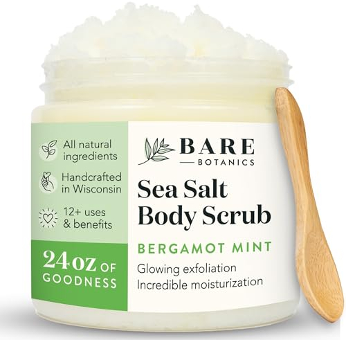 Bare Botanics Bergamot Mint Body Scrub 24oz | Made in USA | All Natural Sea Salt Scrub w/Skin Loving Moisturizers | Vegan & Cruelty Free | Ready to Gift w/a Cute Wooden Spoon