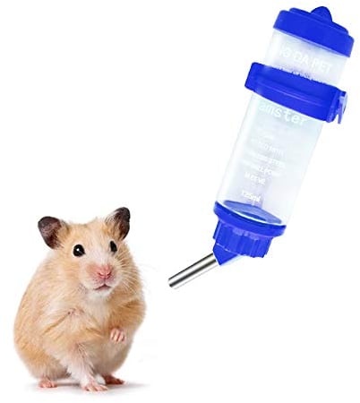 WishLotus Hamster Dispenser Bottle, No Drip Plastic Hanging Water Bottle 125ml Automatic Water Bottle Dispenser Cage Bowl with 2 Rolling Ball for Small Animal Guinea Pig, Gerbil, Chinchilla (Blue)