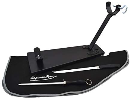 LEPANTO Jamonero Plegable Oscuro mas Set de Corte con Cuchillo, chaira y Cubre jamón, Soporte jamonero para Jamónes y Paletillas.