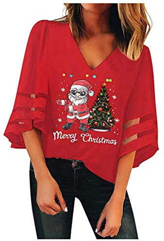 Overdose Soldes Noël Sweat Femme Pas Cher Loose Chemisier Sexy Col V Sweat-Shirt Manches Longues T-Shirts Blouse Casual