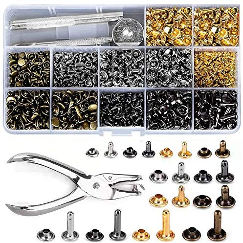 Leder Nieten 480 Set Doppelkappe Ledernietenset mit 4 Befestigungsset Werkzeuge 3 Größen 4 Farben Röhrenförmige Metallnieten für DIY Leder Bastelreparaturen Dekoration