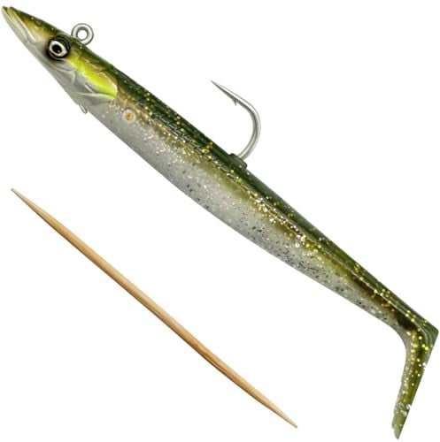 Savage Gear Sandeel V2 - Super realistische Sandaal-Imitation mit lebhafter Kicking Action, Darting Jig Head, ideal für Raubfische im Salzwasser, Hecht, Barsch & Zander Grün Silber 12 cm