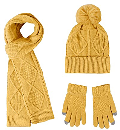 Yolispa Damen-Schal, Handschuhe, Mütze, 3-teiliges Set, einfarbig, weicher Stoff, warmes Winter-Set für kaltes Wetter, gelb, One size