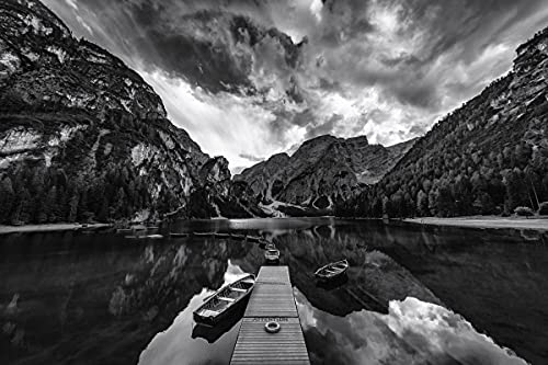 GEBIRGE Fototapete VLIES-400x260 cm (6412A)-Natur See Berge Alpen Schwarz Weiß Fotokunst Wandtapete-Inkl. Kleister-Vliestapete Bild Dekoration Wand-Dekor Moderne Motiv-Tapete Panorama Poster XXL