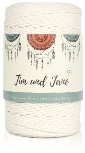 Tim und Jane® Makramee Garn XXL | 3mm x 400m | 100% Baumwollgarn, Nicht Gebleicht | Natur Weiß | Makramee-Garn ohne Kern | Macrame Cord für Wandbehang, Blumenampel